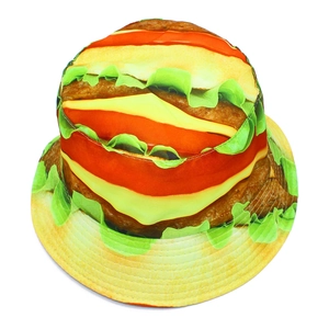Double-sided hamburger print bucket hat with vivid lettuce and cheese layers pattern
