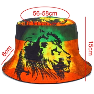 Vue détaillée du chapeau bob avec imprimé lion indiquant la taille 56-58cm et la hauteur
