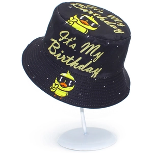 Creative black birthday bucket hat with golden text and cute yellow duck print for outdoors