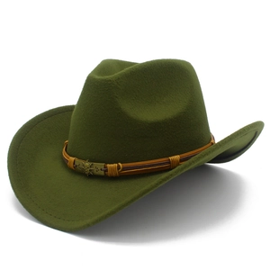 Detail of army green wool felt jazz hat with braided leather band and skull metal plaque