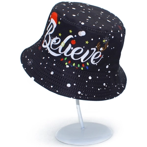 Christmas Believe bucket hat in black with snowflakes and colorful festive lights