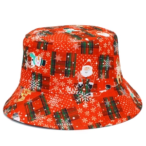Reversible Christmas Bucket Hat For Women Double Sided Cotton Santa Snowman Reindeer Print Fisherman Cap Xmas Party Hat
