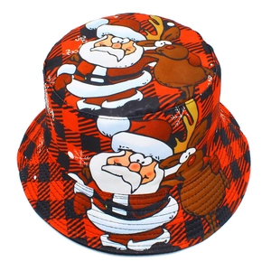 Christmas bucket hat with Santa reindeer pattern on red and black plaid canvas material