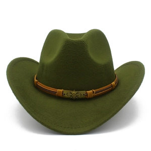 Detail of wool felt cowboy hat in army green with braided band and skull metal buckle
