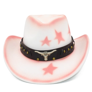 Pink gradient western cowboy hat with star patterns and silver bull head ornament