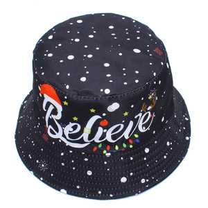 Christmas fisherman hat with Believe text and snowflakes on black reversible cotton fabric