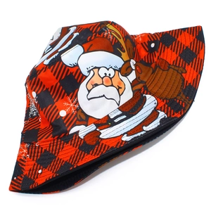 Foldable Santa Claus pattern bucket hat in red and black plaid for Christmas outdoor wear