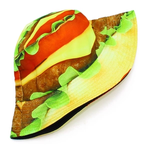 Unisex reversible bucket hat with creative layered hamburger print and wide sun brim