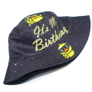Black cotton bucket hat with cute yellow cartoon duck and Birthday print for outdoor sun protection