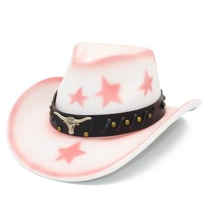 Detail of western cowboy hat featuring silver bull head ornament and golden rivets on band