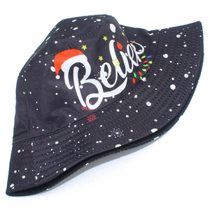 Black Christmas bucket hat featuring Believe text and colorful snowflake star patterns