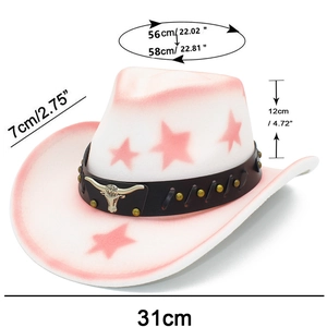 Detailed size guide of white cowboy hat with pink stars and metallic bull head emblem