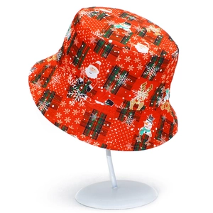 Festive red bucket hat with Santa Claus, snowman, and reindeer prints for Christmas season