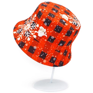 Christmas bucket hat with red black plaid pattern featuring Santa Claus and snowflakes