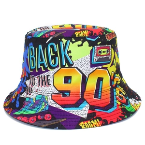 Vintage 90s Graffiti Print Bucket Hat Reversible Cotton Canvas Sun Protection Hip Hop Outdoor Fisherman Hat For Men Women