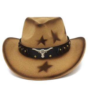 Western Cowboy Hat With Rivets Metal Bull Head Star Pattern Wide Brim Fedora Jazz Hat For Party Performance Accessories