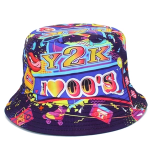 Y2K Retro Print Reversible Bucket Hat Colorful Graffiti Sun Hat For Women Outdoor Casual Cotton Fisherman Hat