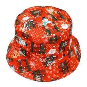 Christmas bucket hat with Santa, snowman, and reindeer on red plaid cotton fabric