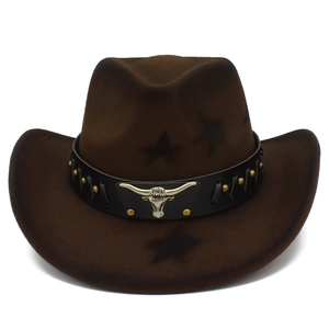 Brown Western cowboy hat with star patterns and a decorative metal bull head emblem