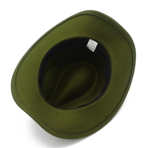 Detail view of the interior sweatband and material label of this olive wool fedora hat