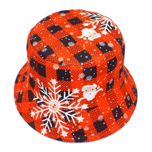 Red plaid Christmas bucket hat featuring Santa Claus and snowflake patterns for outdoors