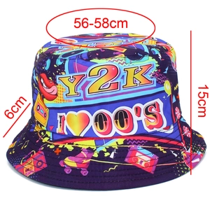 Detailed view of vintage graffiti bucket hat with size labels: 56-58cm head circumference