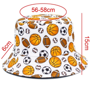 Detailed size chart for white cartoon bucket hat with sports ball prints and measurements