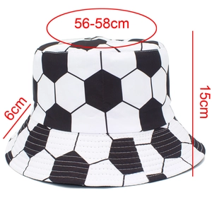 Detailed size specifications for soccer pattern bucket hat showing dimensions in centimeters