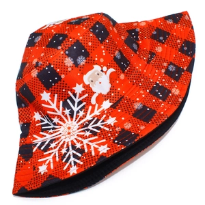 Christmas bucket hat with red buffalo plaid, Santa Claus and snowflake pattern on white background