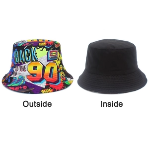 Detailed comparison of double-sided bucket hat with 90s graffiti print and solid black side