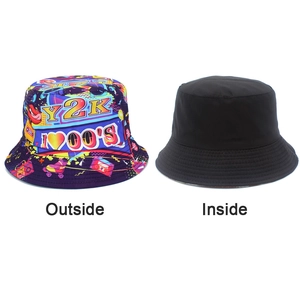 Detail view of reversible bucket hat with vintage Y2K print and solid black inner side
