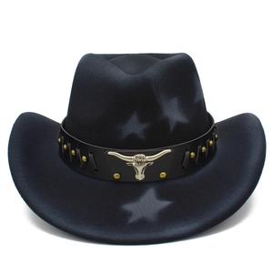 Western cowboy hat with metal bull head, golden rivets, and grey star patterns