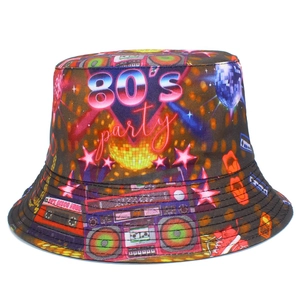 Chapeau Bob Imprimé Fête des Années 80 Vintage en Coton Réversible Protection Solaire Chapeau de Pêcheur pour Hommes Femmes Thème Disco Voyage Extérieur