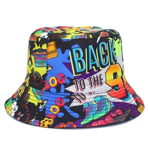 Retro 90s graffiti bucket hat featuring vibrant patterns and colorful street style prints
