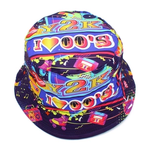 Vintage Y2K style printed bucket hat featuring retro cassette and boombox patterns