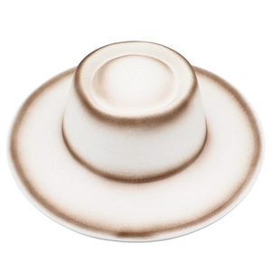 Top view of cream fedora hat with unique brown gradient brim and wool-like texture