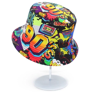 Retro 90s graffiti bucket hat with colorful pop art prints and street style design