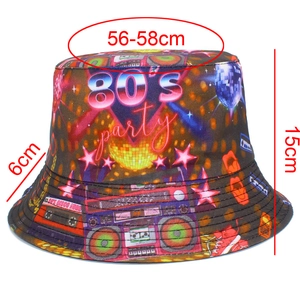 Détails du chapeau bob disco vintage indiquant les dimensions de 56-58cm et bord de 6cm