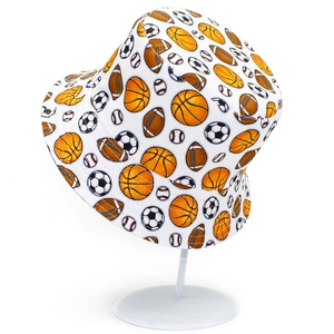 Fisherman bucket hat featuring all-over cartoon basketball, football and rugby prints