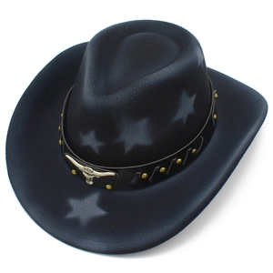 Detailed view of western cowgirl hat with metal bull head emblem and star patterns
