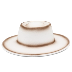 Detail of cream felt fedora hat featuring brown gradient spray edges and a flat brim