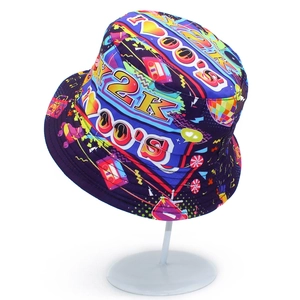 Retro Y2K fisherman bucket hat with vibrant 90s pop art prints on a white stand