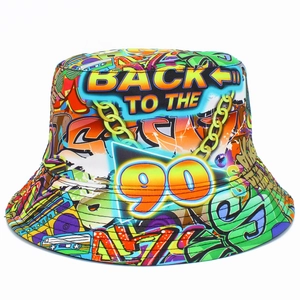 Vintage 90s Graffiti Bucket Hat Reversible Cotton Hip Hop Fisherman Hat For Women Men Party Outdoor Sunshade Travel Hat