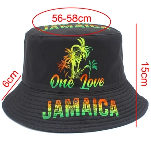 Détail montrant les dimensions du chapeau bob noir avec imprimé palmier Jamaïque