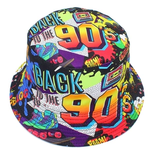 Retro 90s graffiti bucket hat featuring colorful cassette and roller skate prints