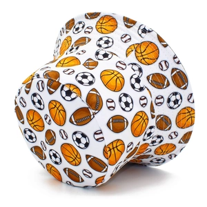 White bucket hat featuring colorful cartoon basketball, soccer, and rugby prints