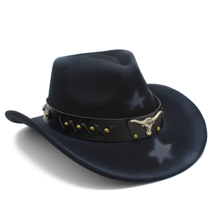 Close-up of black cowboy hat with silver bull head buckle and metallic rivets