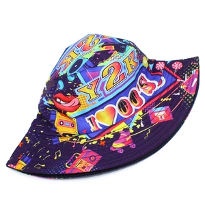 Retro Y2K graffiti bucket hat with neon cassette and roller skates print on purple fabric