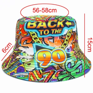 Detailed size guide of retro 90s graffiti bucket hat with 56-58cm head circumference
