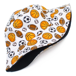 White bucket hat with colorful basketball and soccer prints for outdoor sports and sun protection